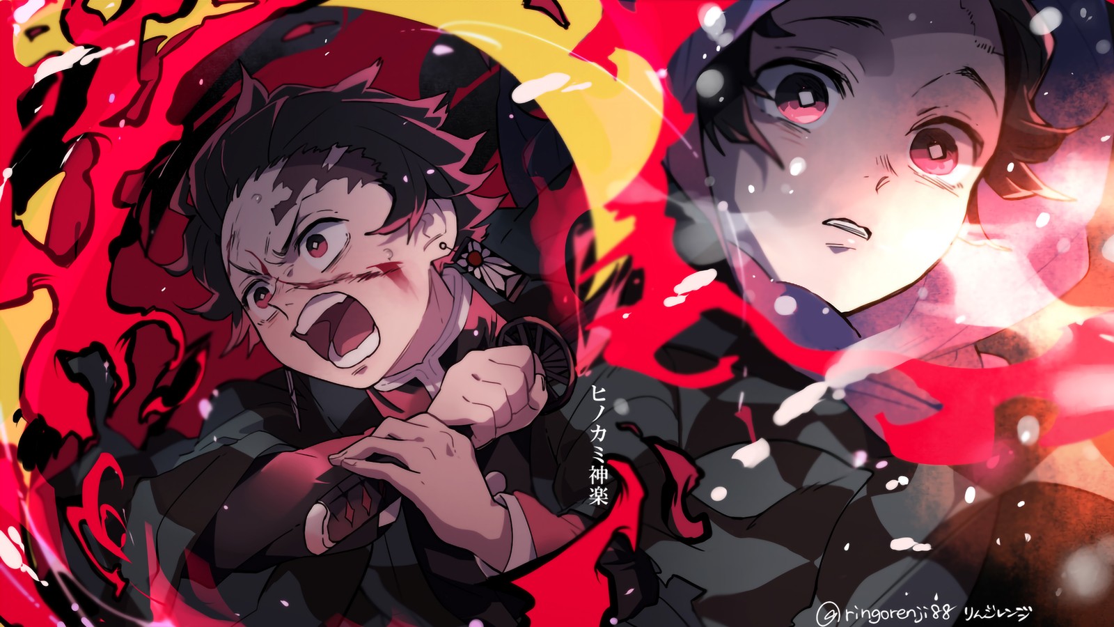 Anime-hintergründe von zwei mädchen mit offenen mündern (tanjirou, tanjiro kamado, kimetsu no yaiba, dämonentöter kimetsu no yaiba, demon slayer kimetsu no yaiba)