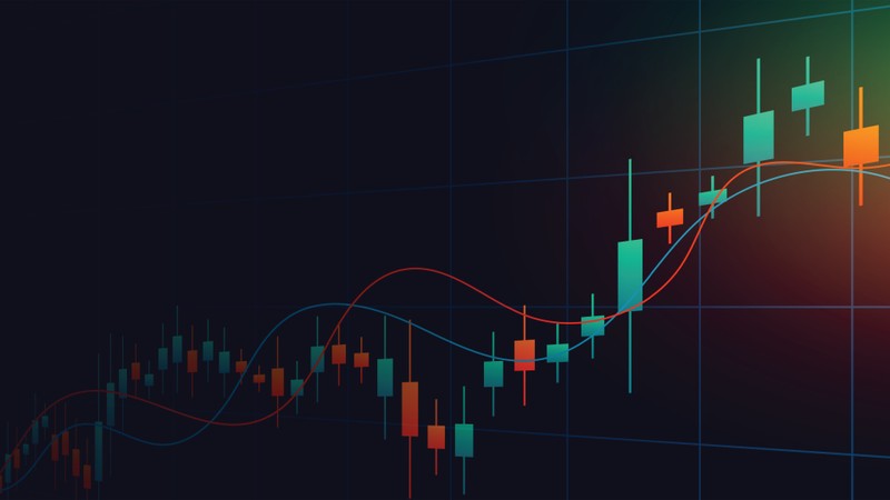 Um gráfico de velas e velas em um fundo escuro (day trading, padrão de velas, mercado de ações, 5k, 8k)