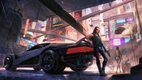 Johnny Silverhand in a futuristic cityscape with neon lights and a sleek black vehicle.