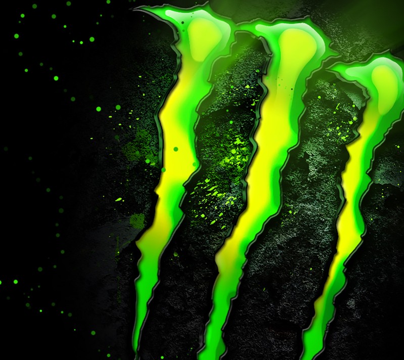 Крупный план напитка monster energy с зелеными и желтыми полосами (hd, монстр)