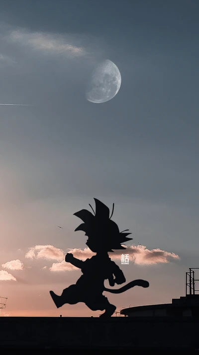 Silueta de Goku contra un cielo iluminado por la luna