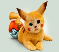 Pikachu-inspired kitten next to a Pokéball.