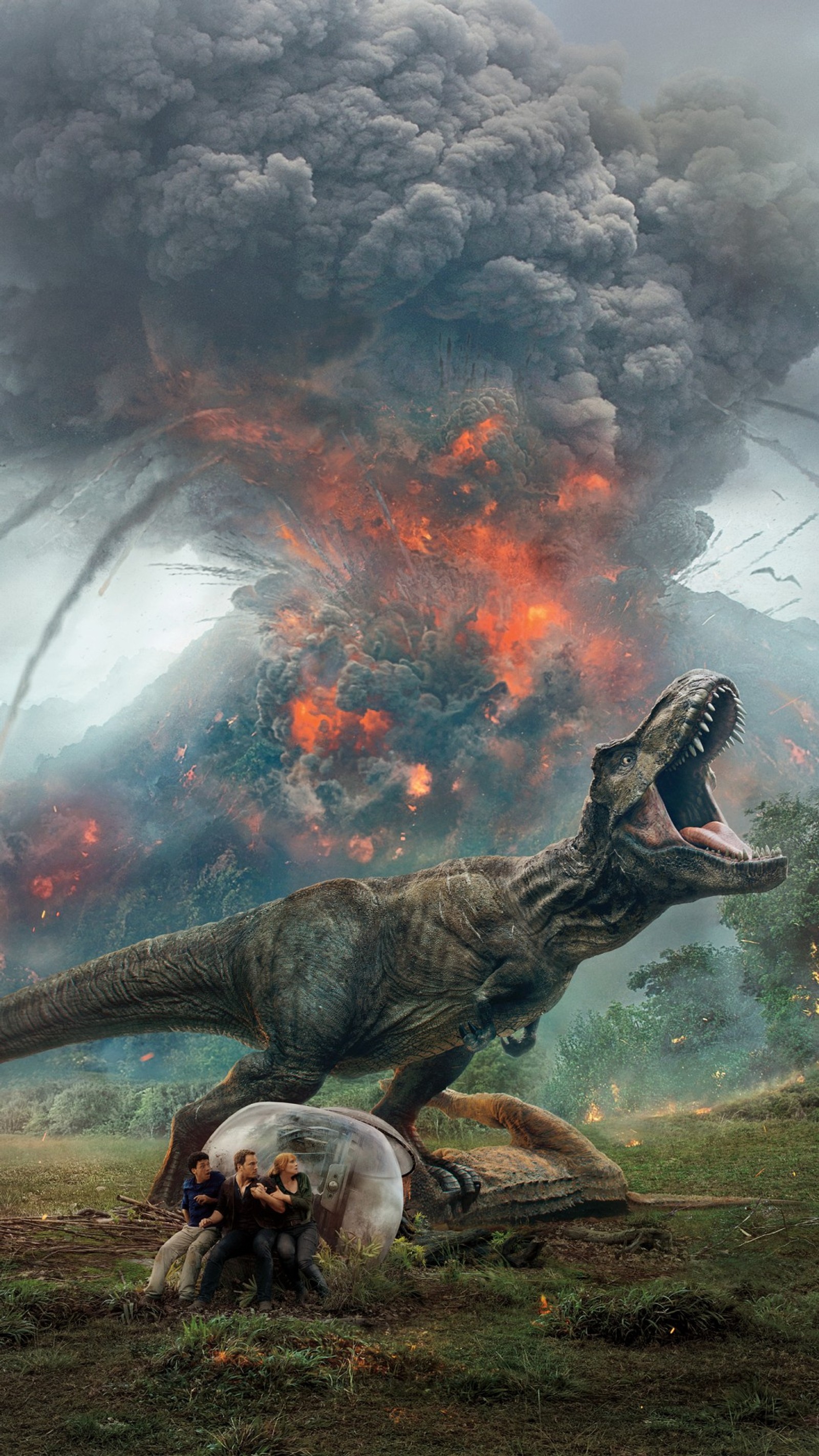 Arafed dinosaur attacking a human in a field with a huge cloud of smoke in the background (dinosaur, hd, jurassic, park, t rex)