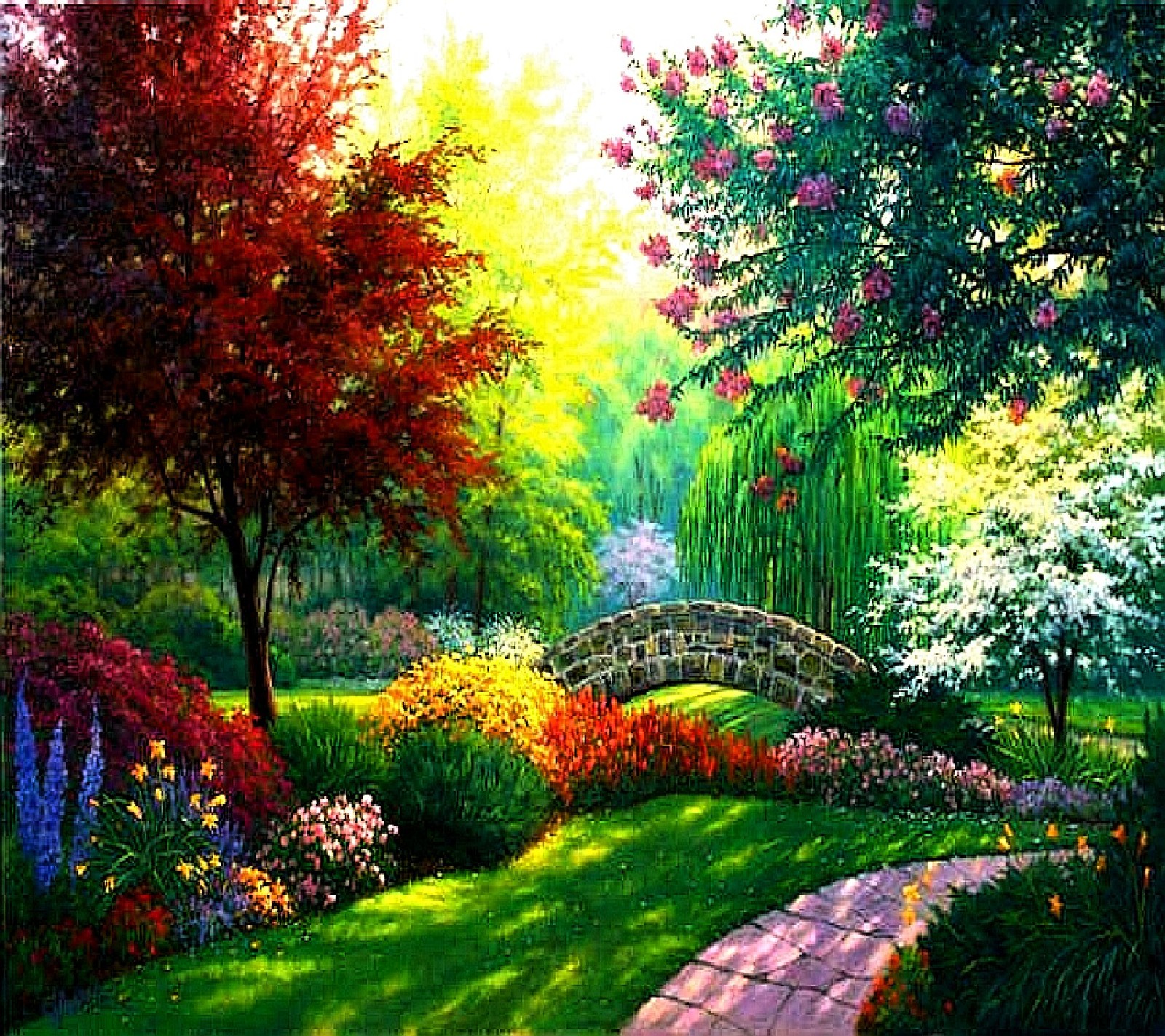 Pintura de um jardim com uma ponte e flores (an oasis for the soul)