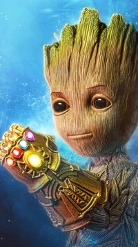 Baby Groot empuñando el Guantelete del Infinito