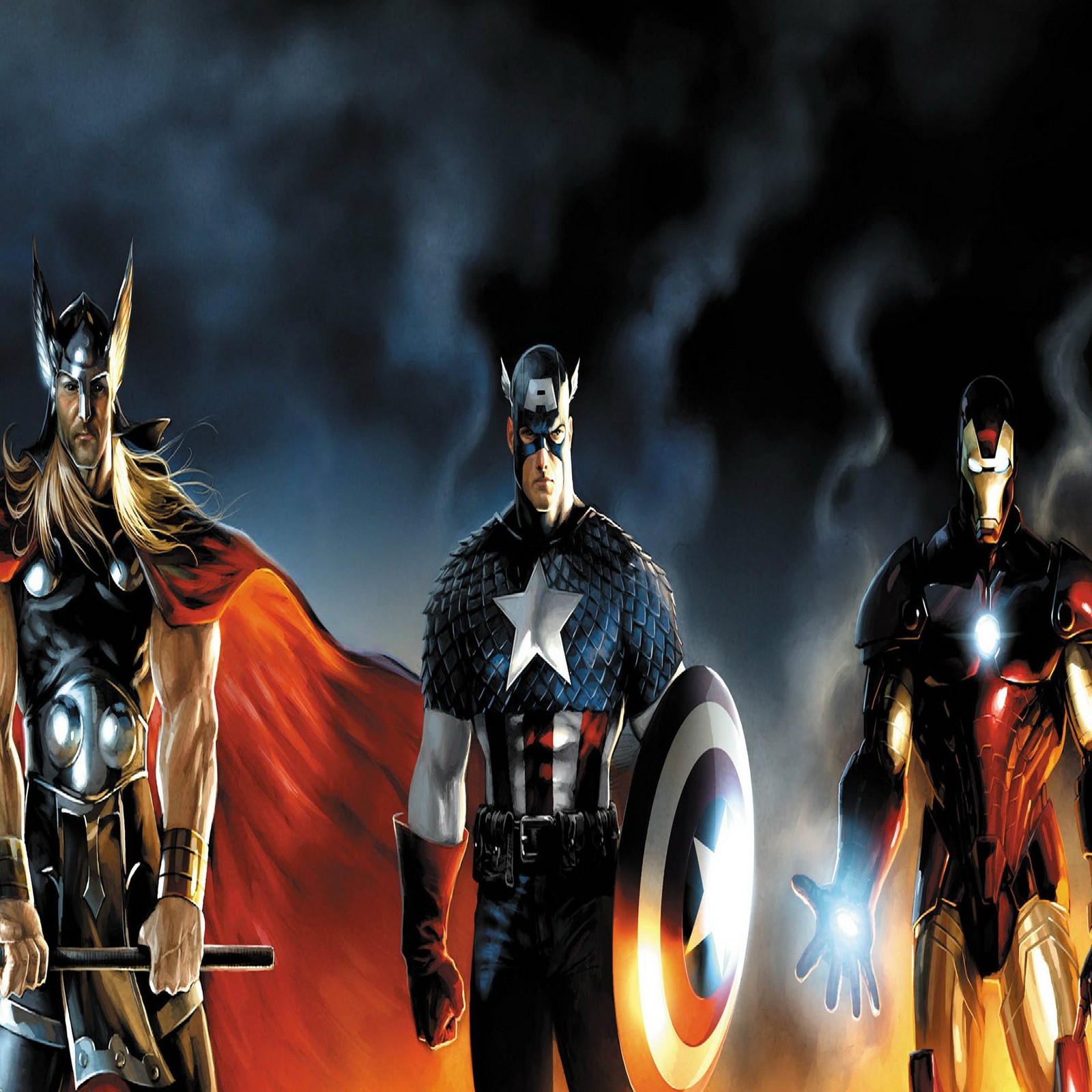 Avengers are standing in front of a dark background with a red cape (avengers, hd, new)