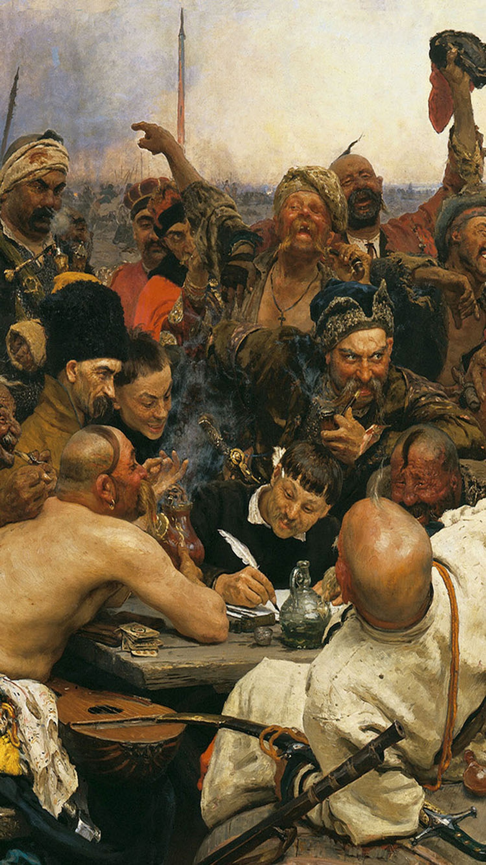 Painting of a group of men sitting around a table with a knife (old, painting)