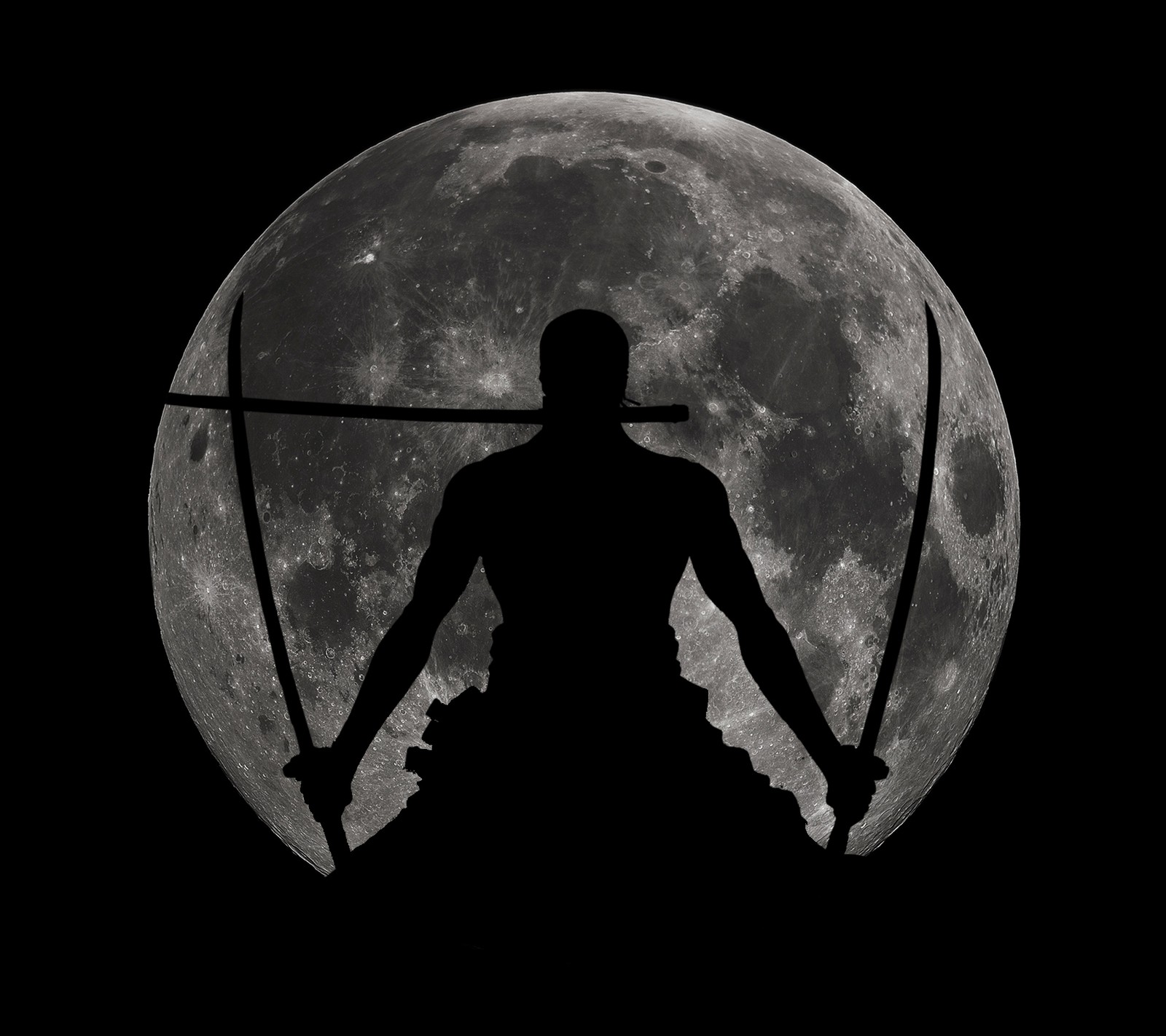 Arafed silhouette of a man holding a sword in front of a full moon (moon, onepiece, zoro)