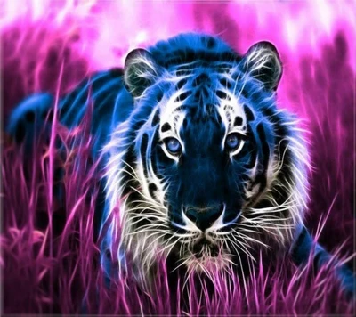 Tigre fractal en un paisaje rosa vibrante