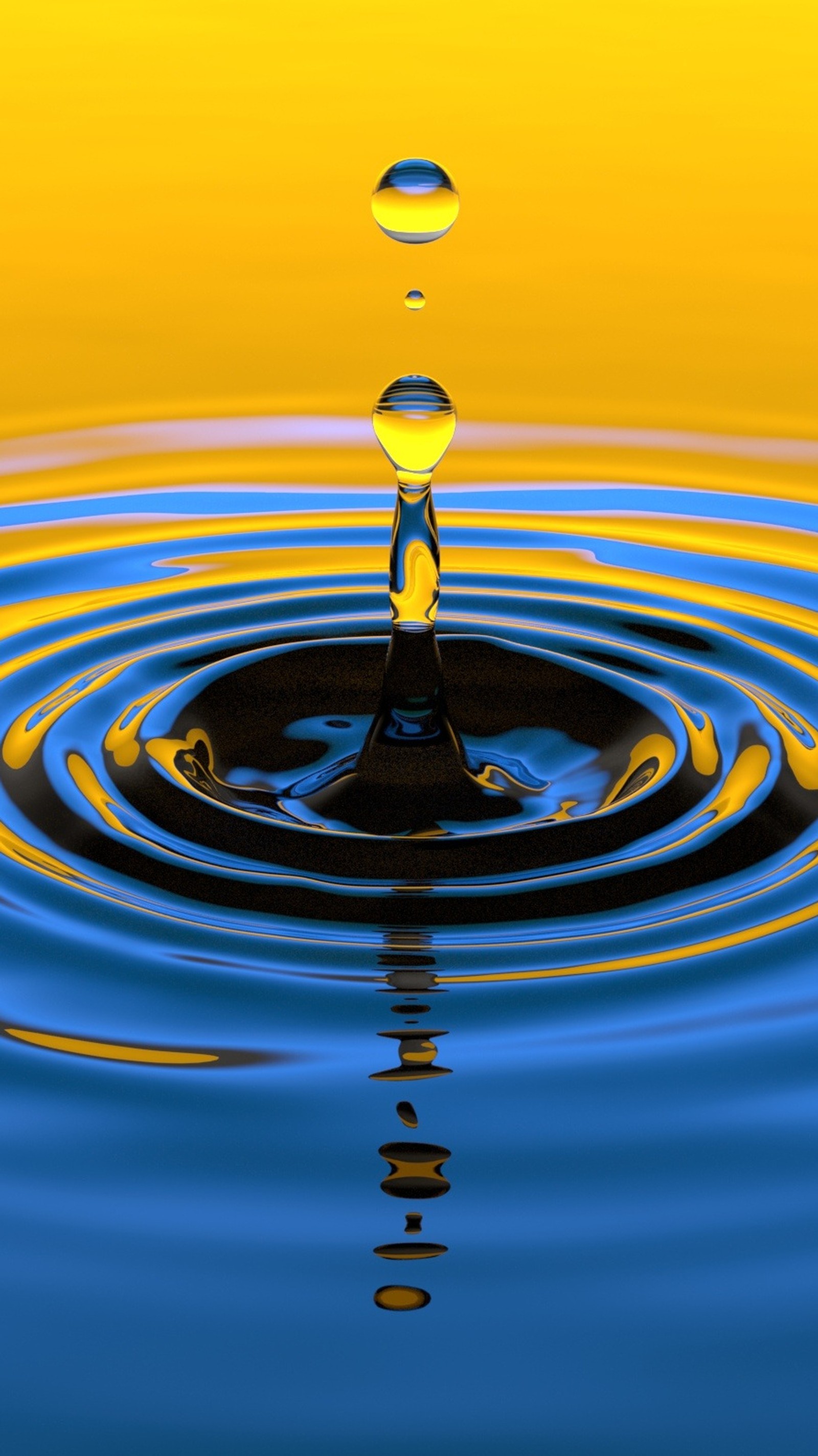 Un gros plan d'une goutte d'eau avec un fond jaune (bleu, rosée, goutte, logo, éclaboussure)