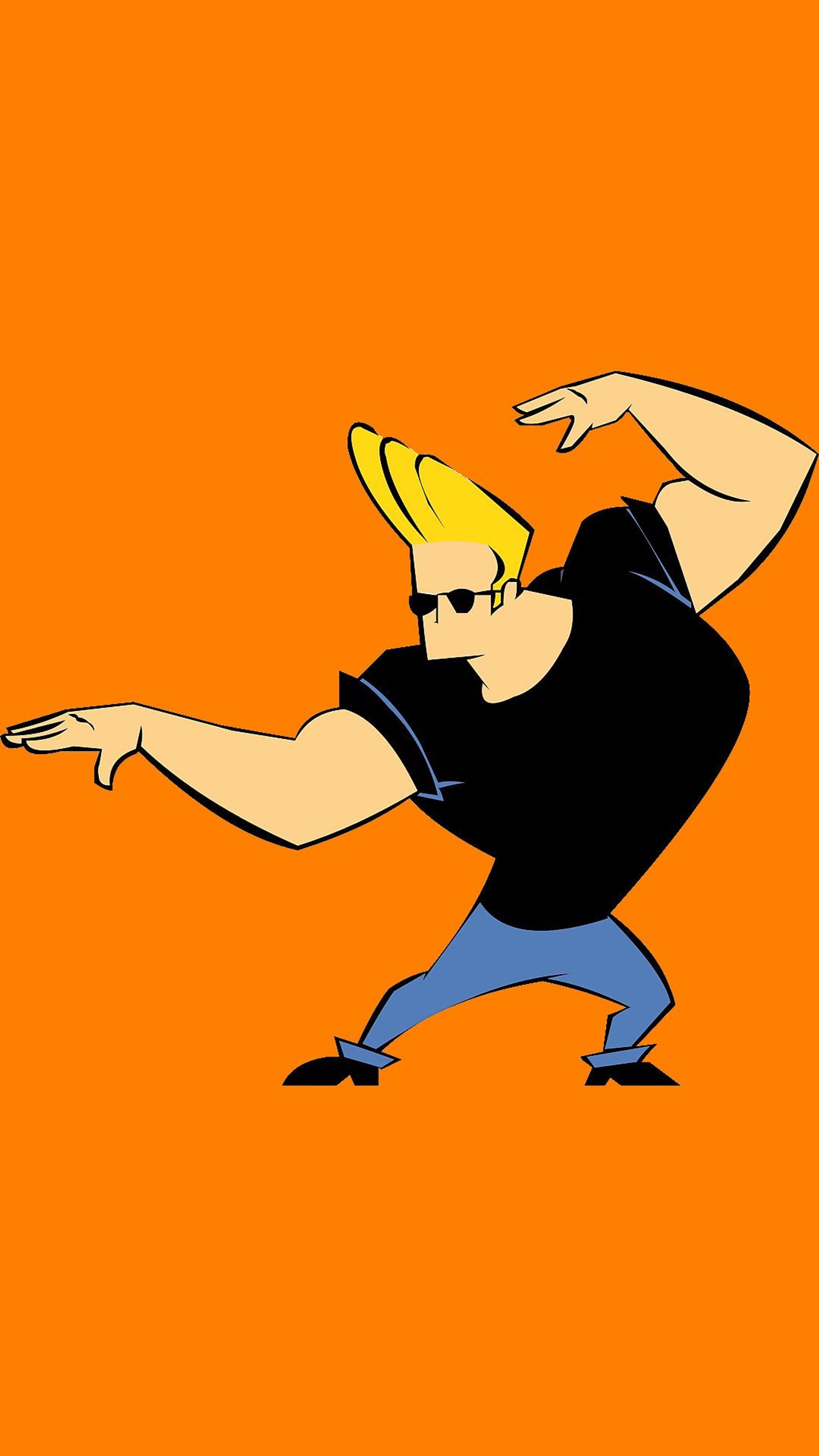 Hombre de dibujos animados con un plátano en la cabeza y una camiseta negra (personaje de dibujos animados, johnny bravo)