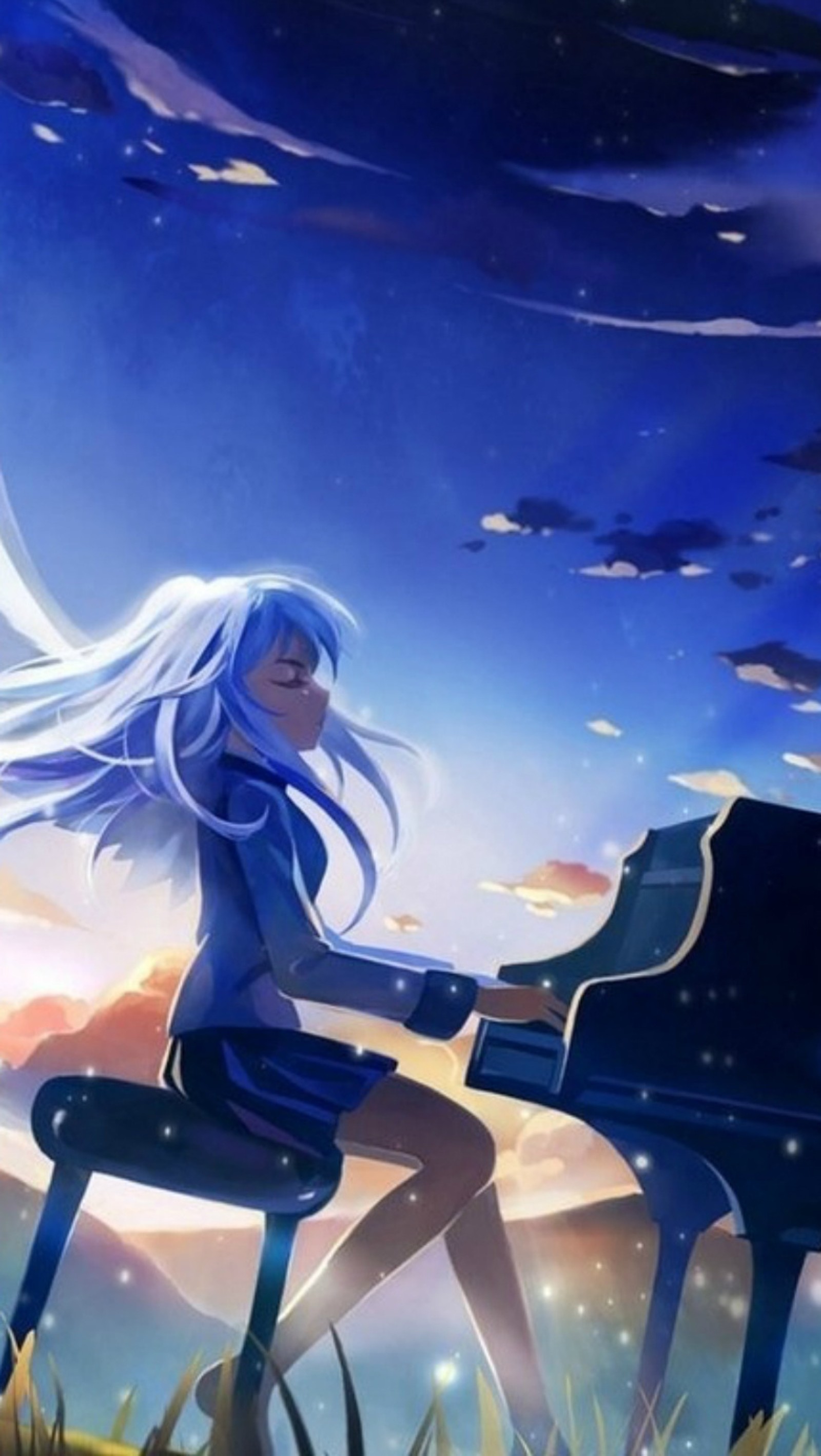 Une femme assise au piano dans l'herbe avec un fond de ciel (anime, fille, piano)