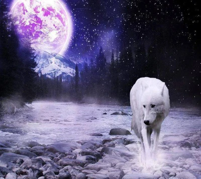 Majestuoso lobo blanco bajo un cielo cósmico iluminado por la luna