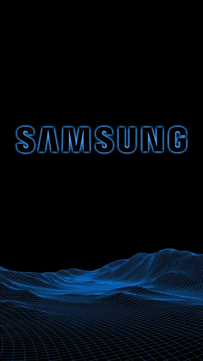 Stylized Samsung logo against a black background with a blue wireframe landscape.