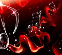 Notas musicales rojas vibrantes con olas fluidas y estrellas