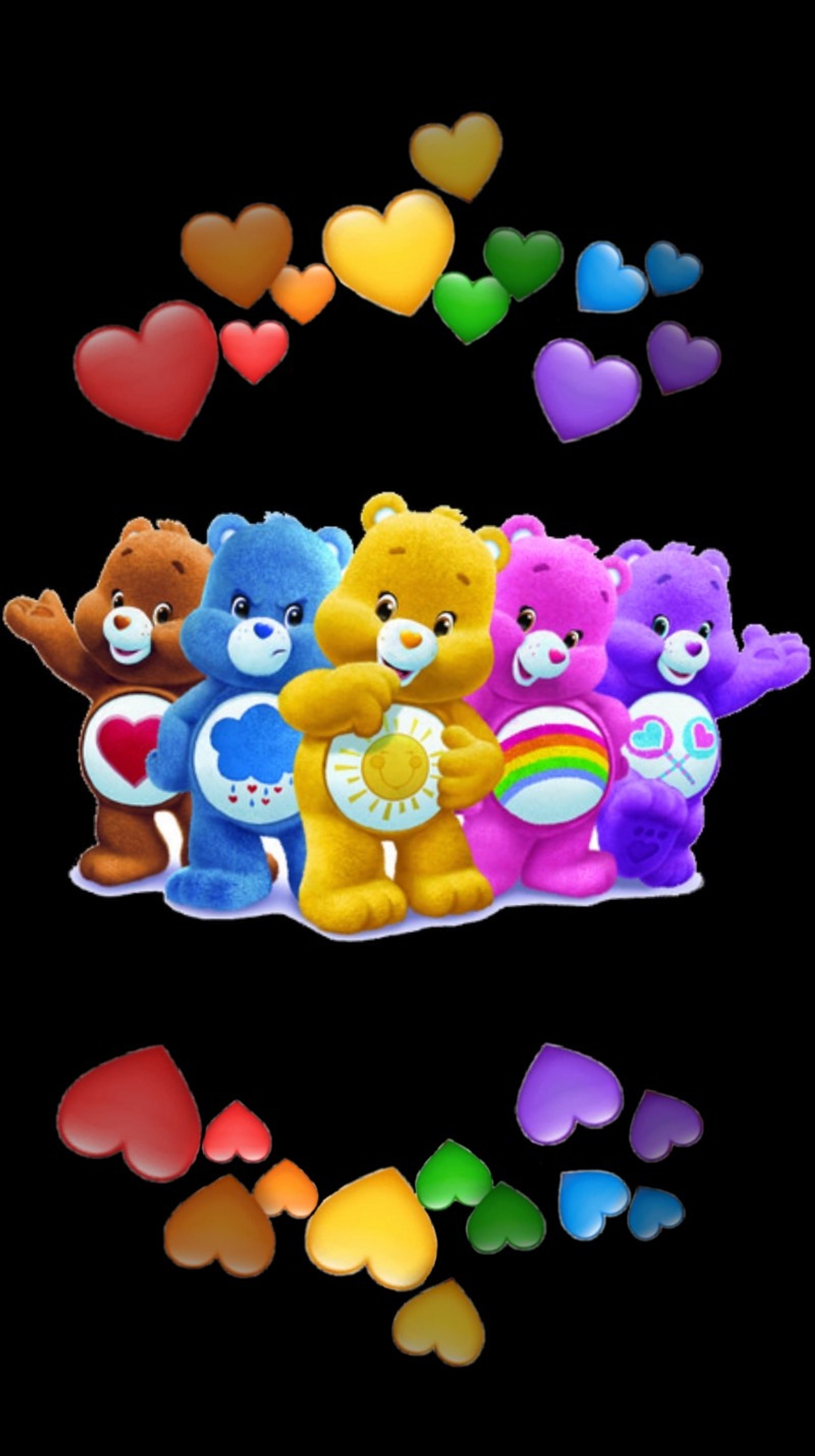 Il y a beaucoup d'ours en peluche assis ensemble avec des cœurs (ours, amour, arc en ciel)