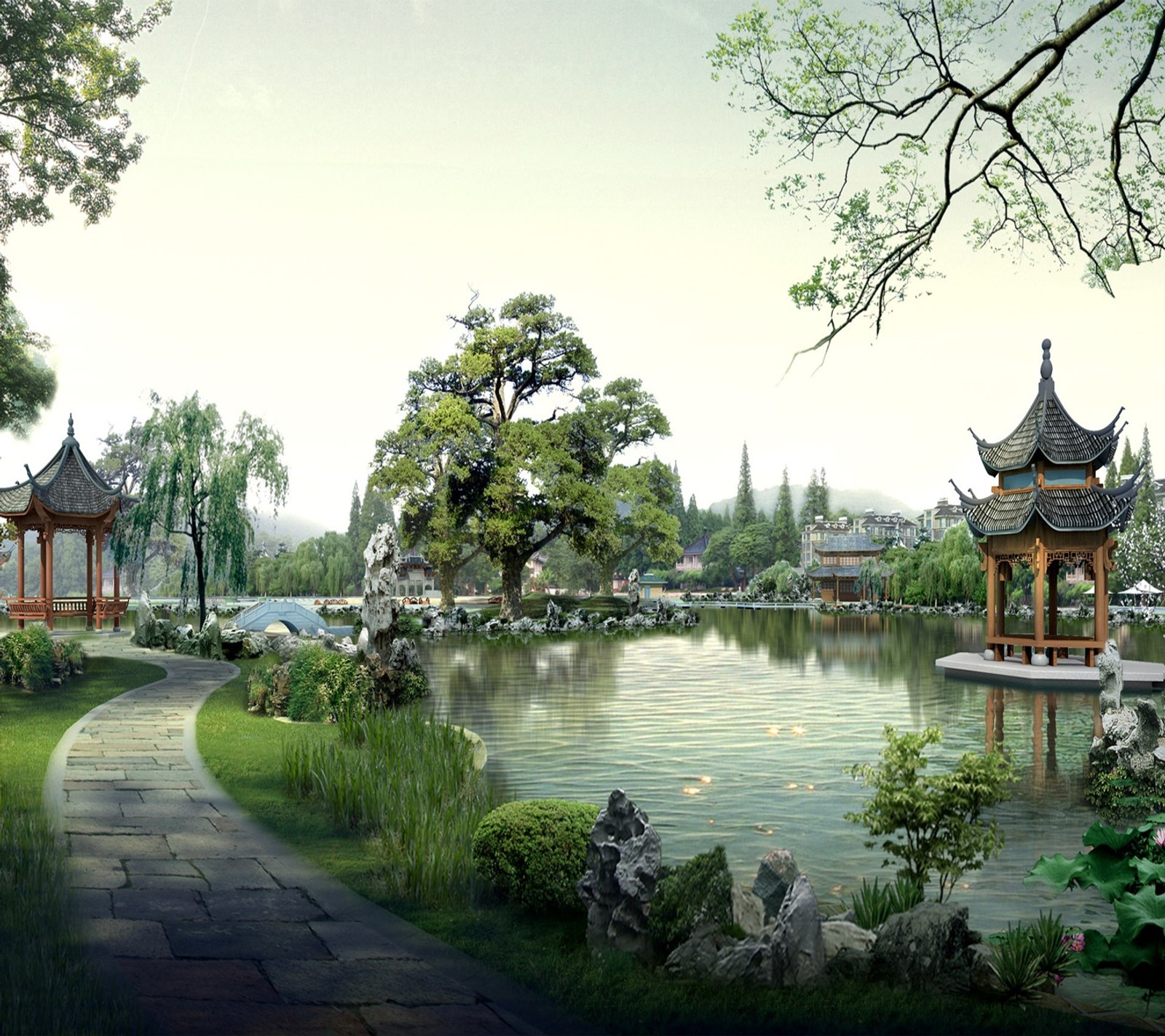 There is a small pond with a gazebo and a pagoda in the background (amazing, awesome, cool, hd, view)