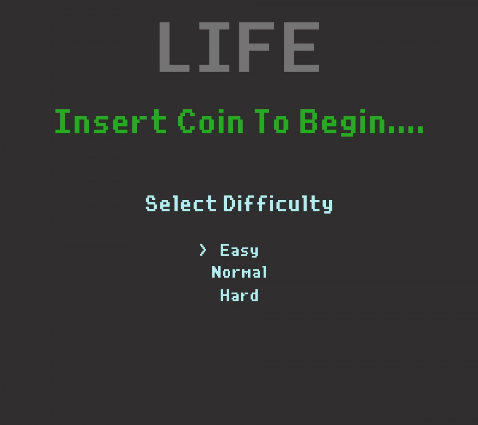 Schwarzer hintergrund mit grünen text, der sagt: 'münze einfügen, um schwierigkeitsgrad einfach normal auszuwählen' (münze, schwierigkeit, lustig, spiel, leben)
