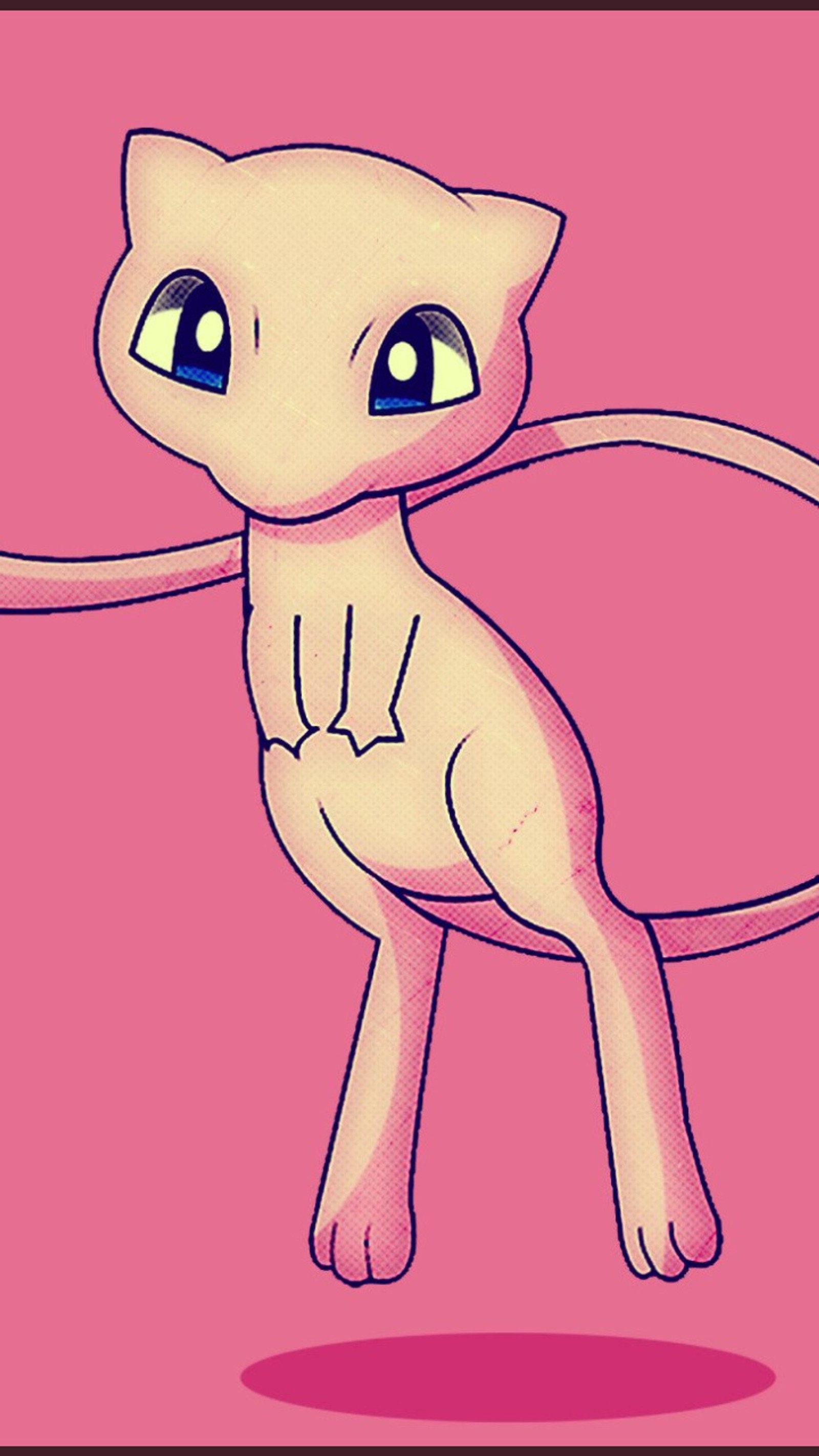 Hay un dibujo de un gato con una cola y ojos (pokemon, mew, anime, caricatura, rosa)