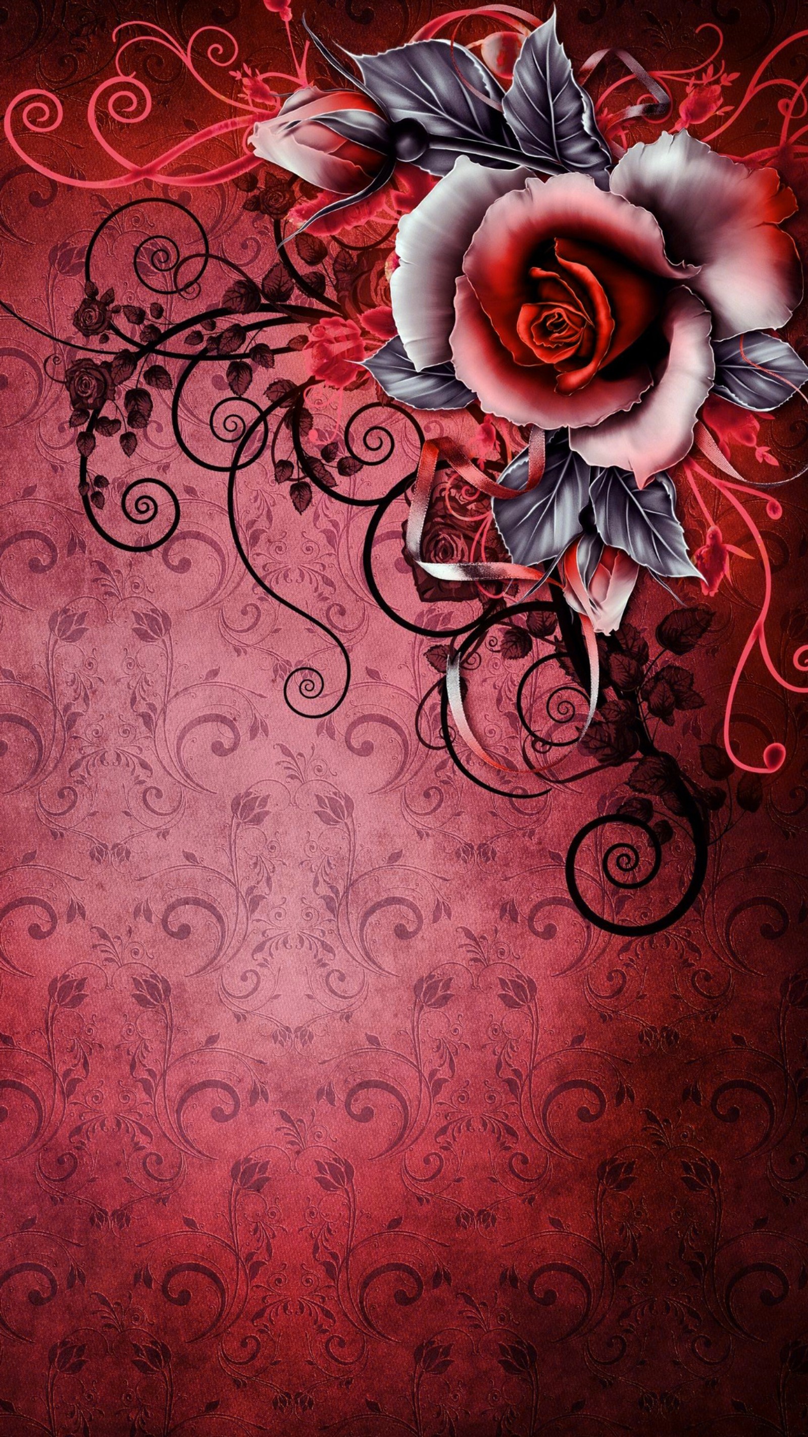 Une rose avec un design en spirale sur un fond rouge. (fleur, amour, motif, rouge, rose)