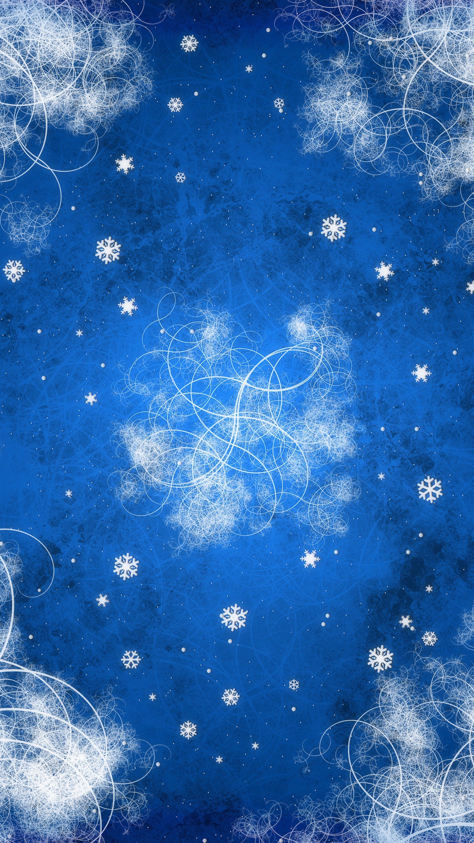 A close up of a blue background with snowflakes and swirly lines (pattern, snow, snowflake)