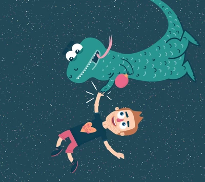 Encuentro Juguetón: Un Dragón de Caricatura y un Niño en el Espacio