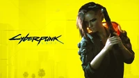 V de Cyberpunk 2077, brandissant une arme contre un fond jaune vif.