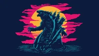 Arte vibrante de Godzilla contra un atrevido atardecer