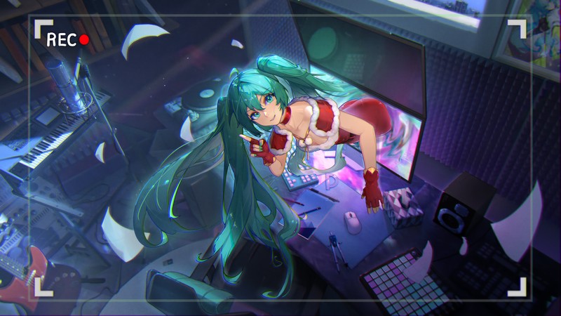 Крупный план человека в комнате с компьютером (хацунэ, hatsune, мику, miku, рождество)