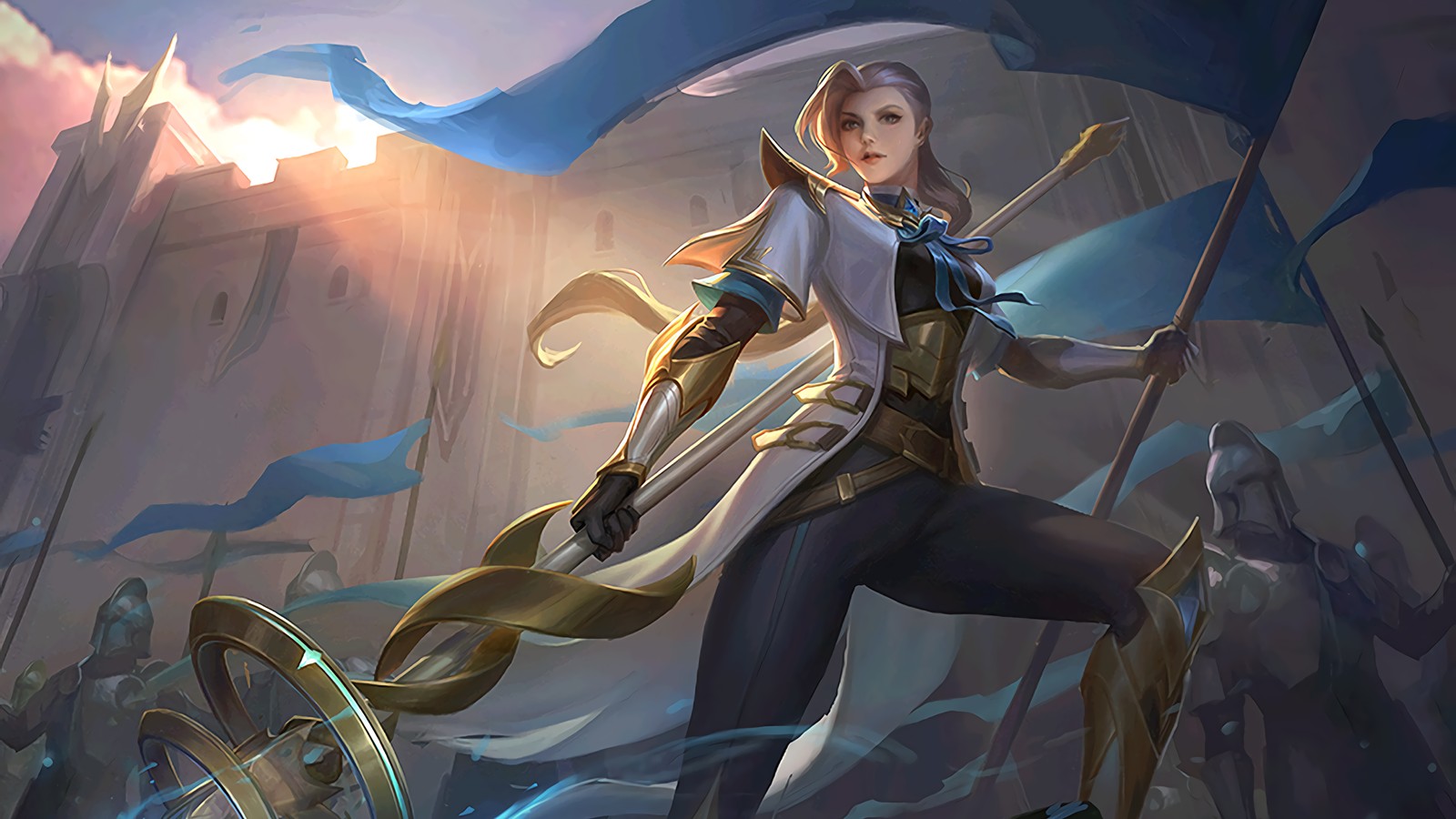 Une femme en tenue blanche et bleue tenant un drapeau bleu (silvanna, mobile legends, ml, mlbb, jeu vidéo)