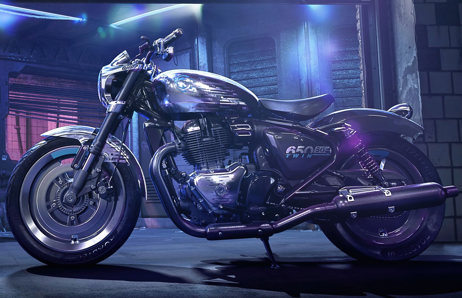 There is a motorcycle that is parked in a garage (royal enfield sg650 concept, motorcycle, eicma motorcycle show, 2021, bikes)