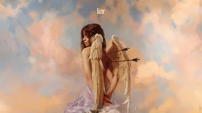 Camila Cabello as an angel with wings, embodying the theme of 'liar' against a dreamy, pastel background.