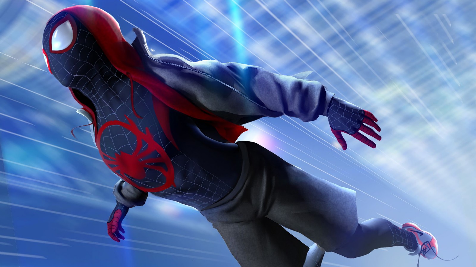 Spider-man en un costume volant dans les airs avec un fond bleu (spider man new generation, spider man into the spider verse, film, miles morales, spider man)