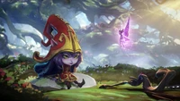 Lulu, a Yordle encantadora de League of Legends, encontra uma fada travessa em um cenário mágico de floresta.