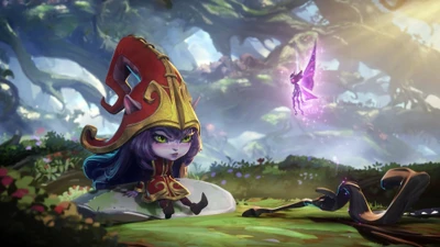 Lulu, a Yordle encantadora de League of Legends, encontra uma fada travessa em um cenário mágico de floresta.