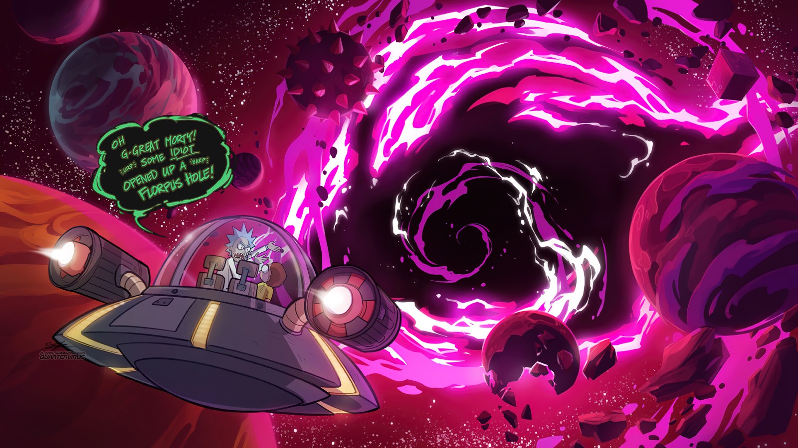 A cartoon spaceship flying through a space filled with purple and red planets (rick and morty, cartoon, tv series, rick sanchez, morty smith)