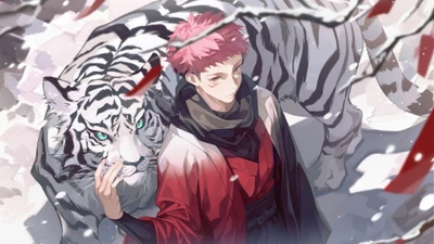 Yuji Itadori with a white tiger in a snowy landscape.