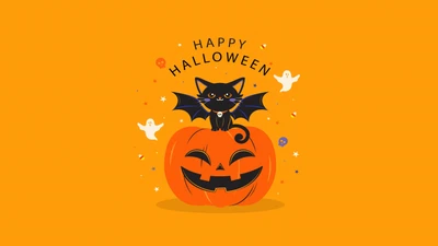 Feliz Halloween: Gato preto brincalhão em uma abóbora contra um fundo amarelo brilhante