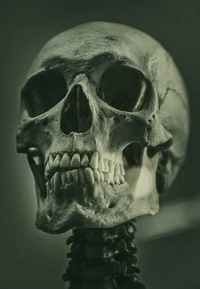 Close-up of a detailed human skull, emphasizing its intricate bone structure and features, set against a muted background.