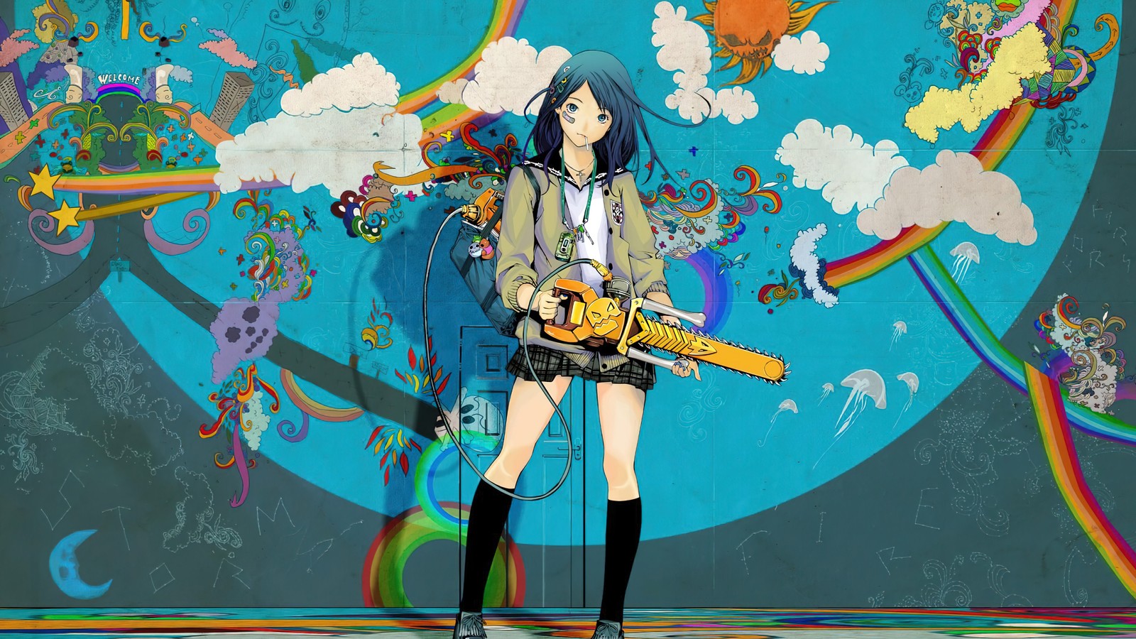 Anime girl with a chainsaw standing in front of a colorful mural (anime girls, student, school uniform, grafitti, wall)