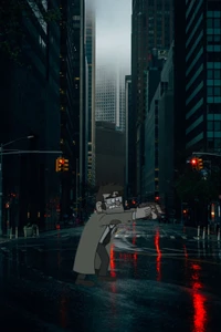 Cartoon Character in a Foggy Cityscape with Skyscrapers