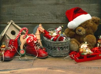 Festive Christmas Display with Vintage Toys and Ornaments