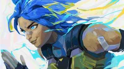 Dynamic neon artwork of a Valorant character with striking blue hair and intense expression, showcasing motion and energy.