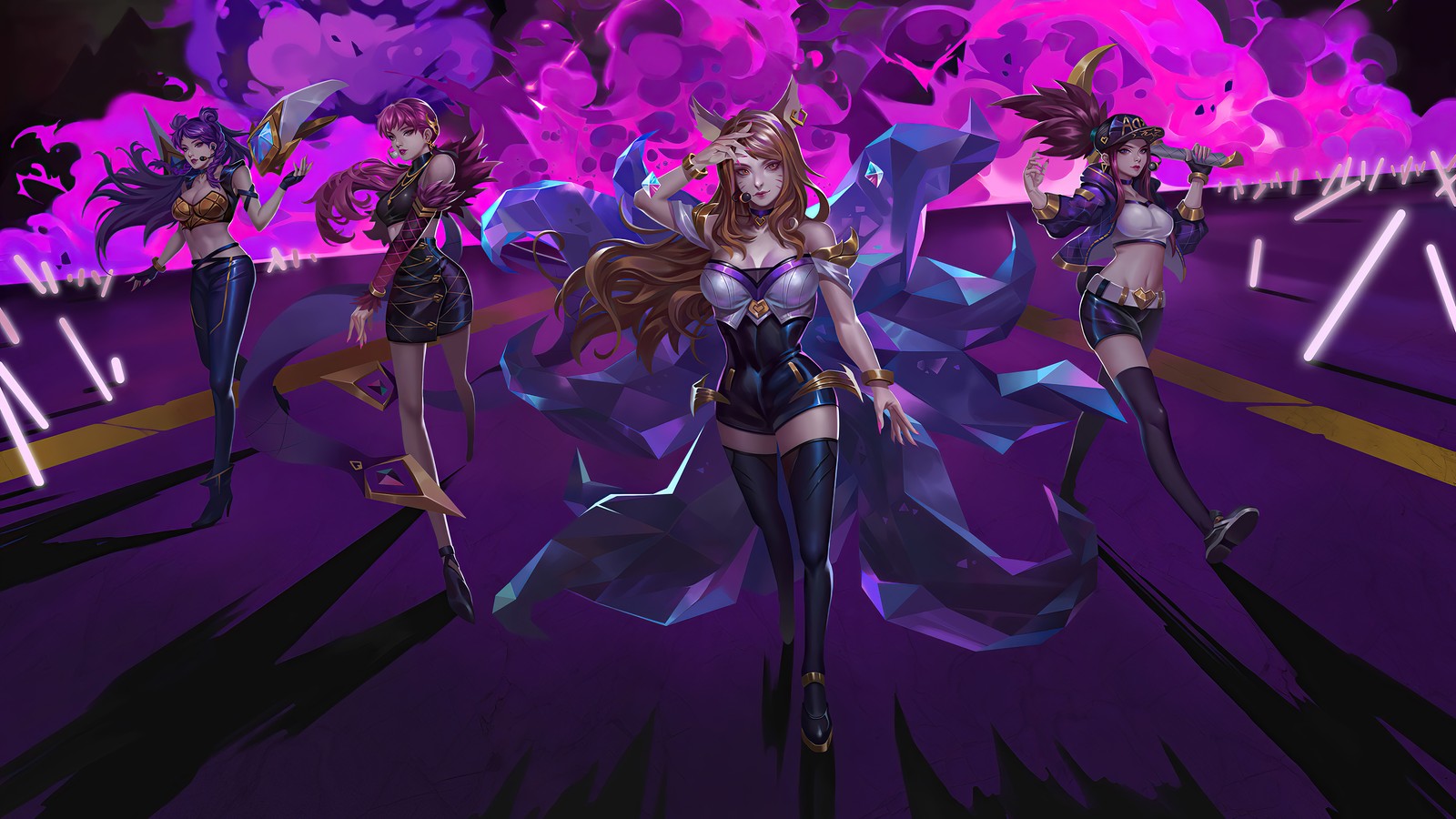 Um grupo de mulheres em trajes pretos e roxos em pé em frente a um fundo roxo (kda, lol, league of legends, jogo de vídeo, ahri)