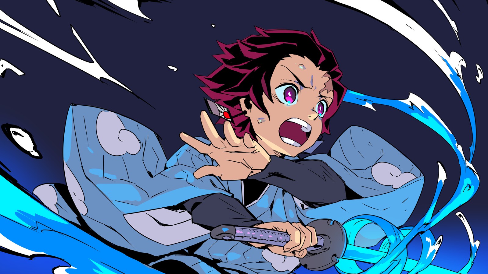 Personaje de anime con un teléfono en la mano y un fondo azul (tanjirou kamado, kimetsu no yaiba, asesino de demonios kimetsu no yaiba, demon slayer kimetsu no yaiba, anime)