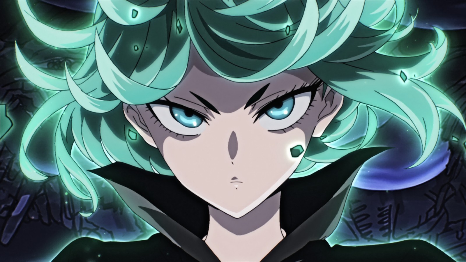 Primer plano de una persona con cabello verde y ojos azules (tatsumaki, one punch man, anime)