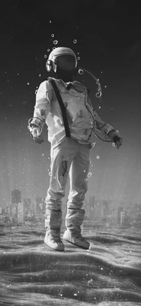 Black and White Astronaut Surrounded by Bubbles in a Futuristic Urban Landscape