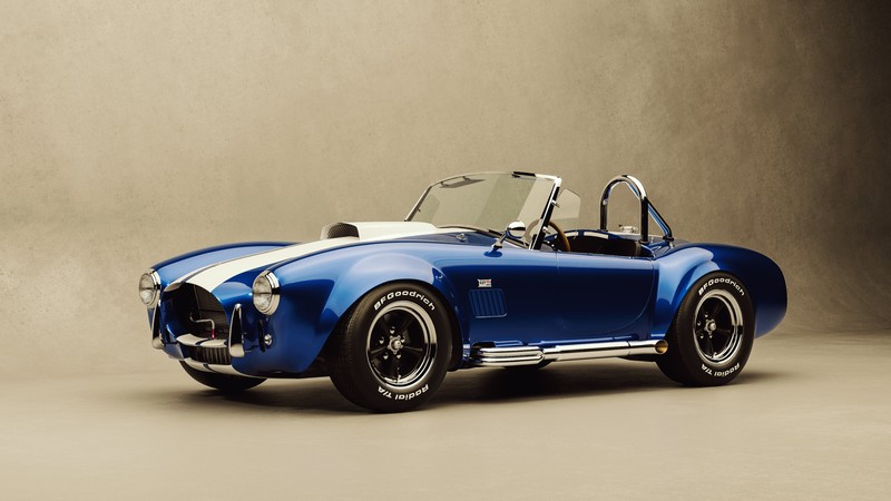 Синий и белый спорткар cobra припаркован в студии (ford, ac cobra, переворот, классический автомобиль, спортивный автомобиль)