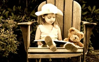 Child Reading with Teddy Bear in a Garden