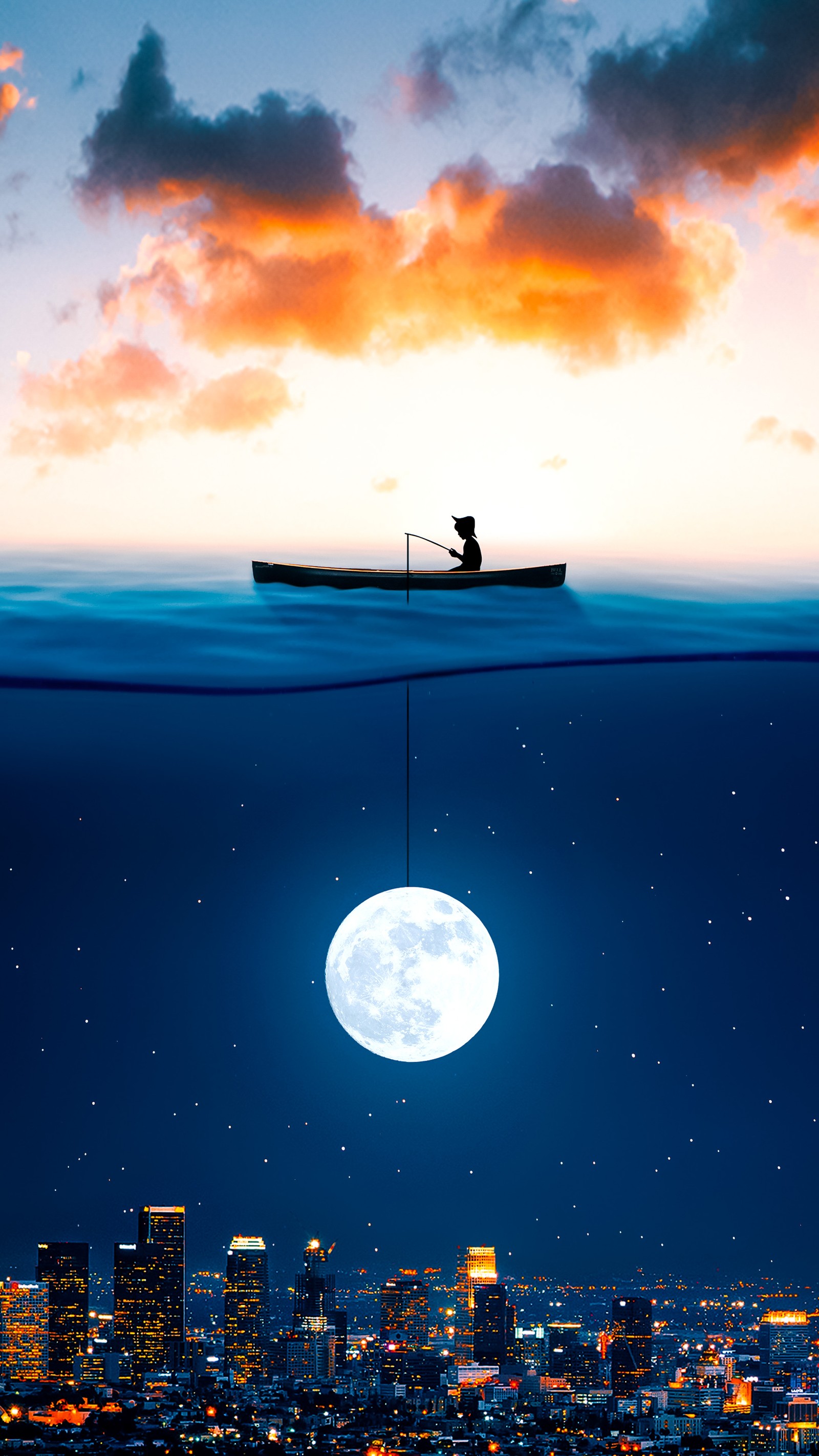 Un homme dans un bateau flottant dans l'océan sous une pleine lune (ios, nuage, atmosphère, bâtiment, journée)